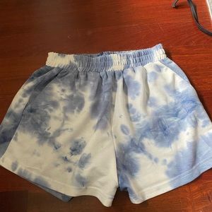 blue and white tie-dye shorts